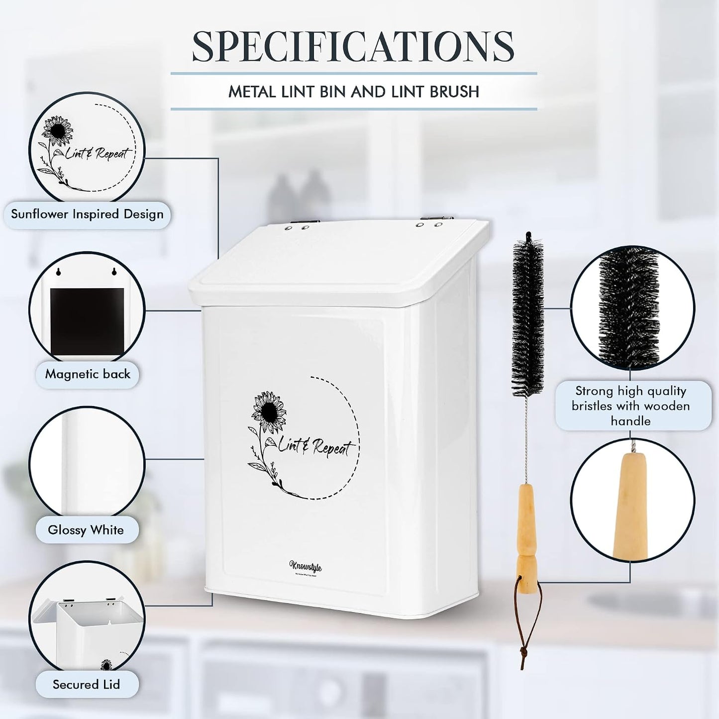 Knowstyle Metal Magnetic Lint Bin for Laundry Room Decor - Laundry Room Trash Can with Dryer Lint Brush for Dryer Vent – Metal Laundry Lint Bin with Clothes Lint Roller