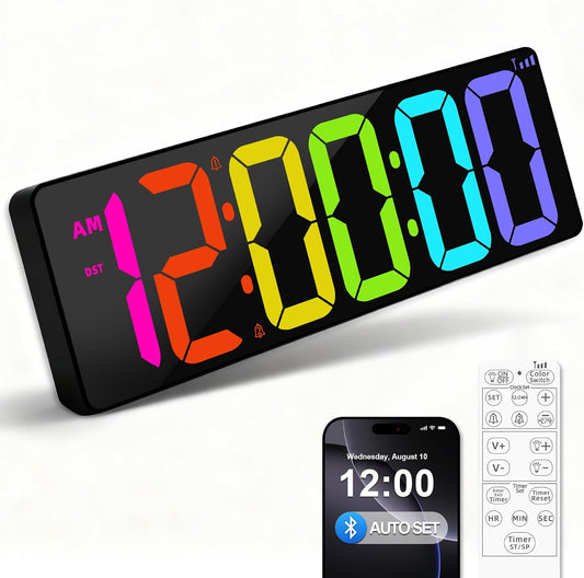 TXL 17.2" Bluetooth Digital Wall Clock with Seconds, Large Countdown Timer for Classroom Home Gym Kitchen Office, Alarm Clock with Remote Control, 4 Dimmable Brightness, Auto DST (RGB)