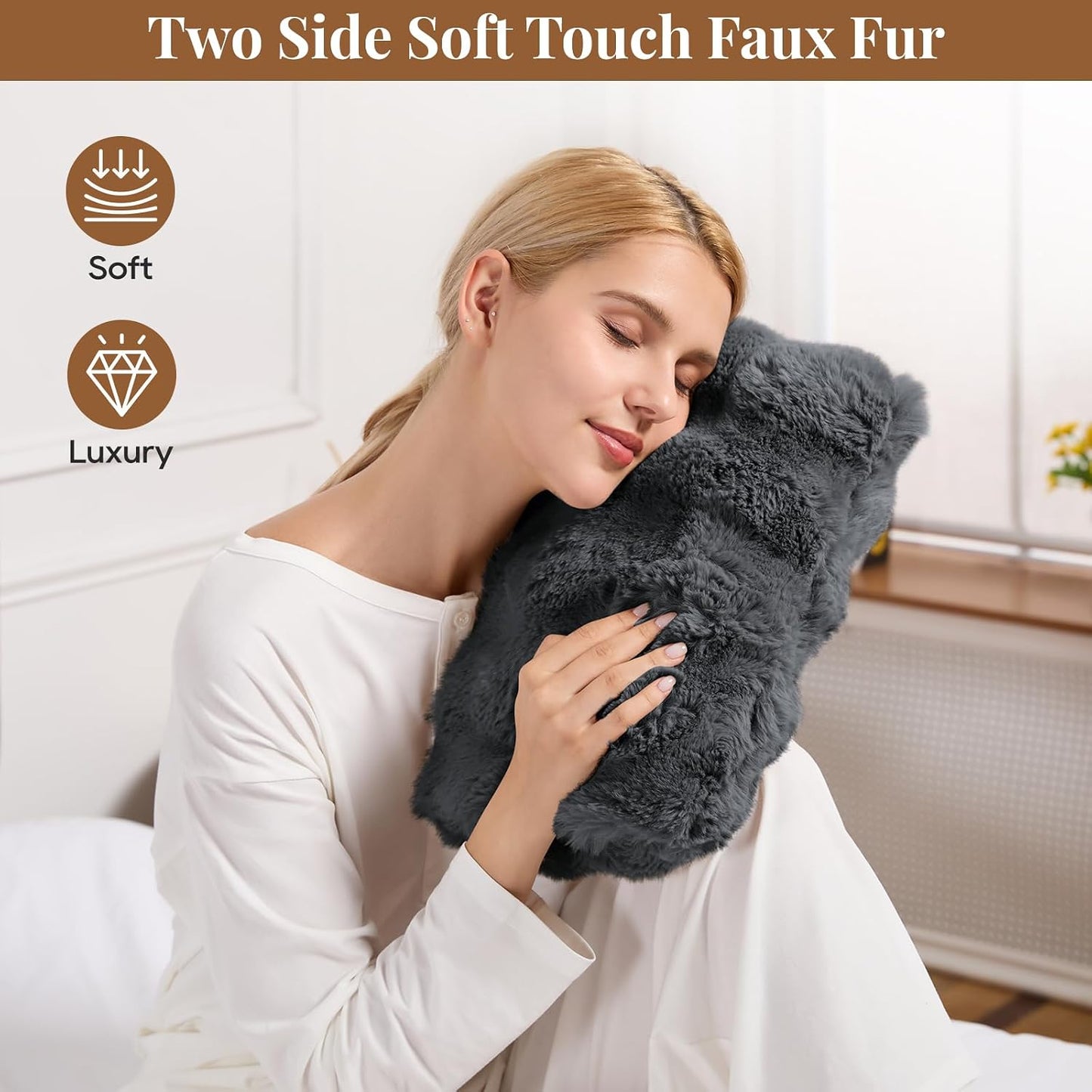 Double-Sided Heating Pad for Hands, Luxury Faux Fur Electric Hand Warmer for Fingers Arthritis, Heated Gloves Indoor Use, Hand Warmer Pouch for Women Men Hand Pain Relief, 3 Levels & Auto Off, Brown