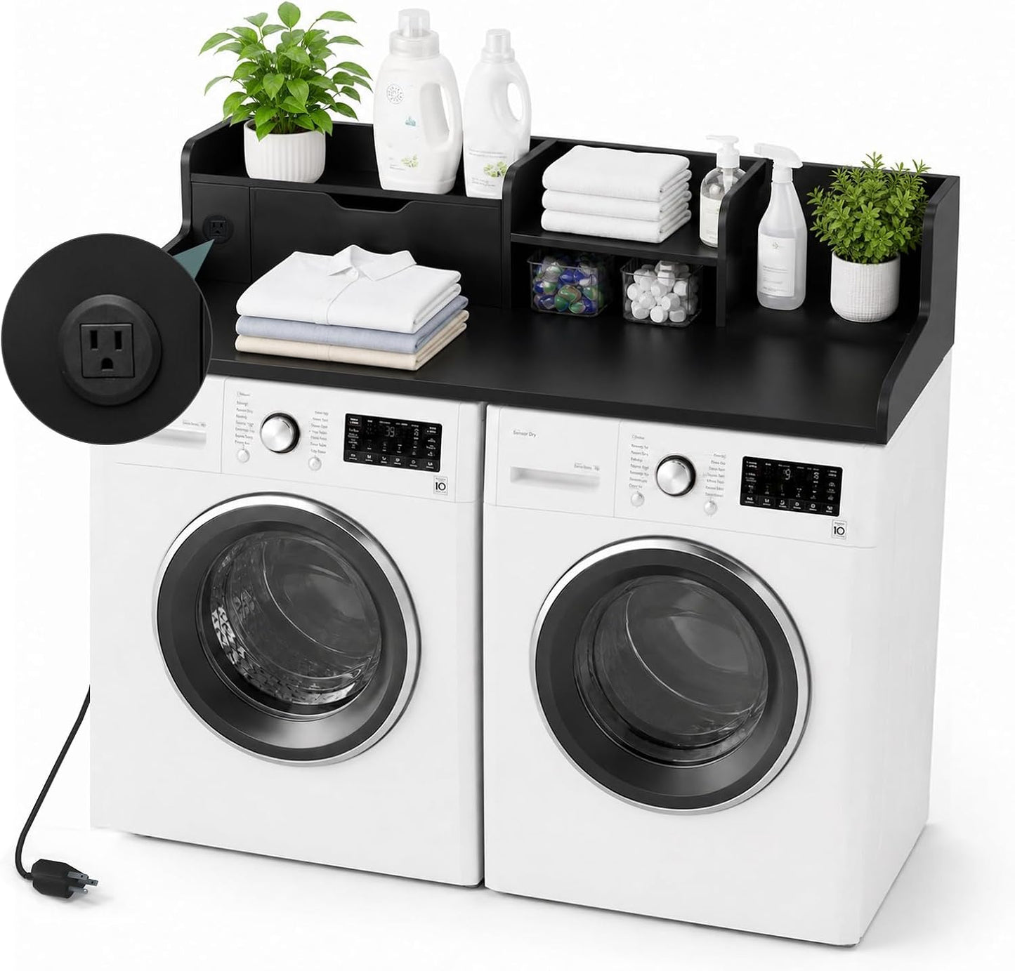 Washer and Dryer Countertop with Power Outlet & Storage Drawer, 54 Inch Laundry Tabletop Over Washing Machine, Clothes Folding & Ironing Station, Laundry Room Organizer with Non-Slip Pads