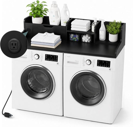 Washer and Dryer Countertop with Power Outlet & Storage Drawer, 54 Inch Laundry Tabletop Over Washing Machine, Clothes Folding & Ironing Station, Laundry Room Organizer with Non-Slip Pads