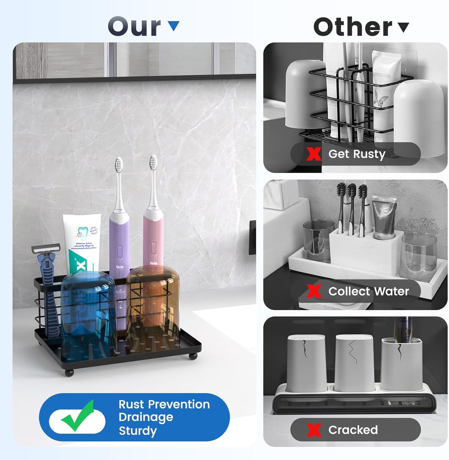 Luxspire Toothbrush Holders for Bathroom, Stainless Steel, 6 Slots, Black | Toothbrush Holders With Drainage, For Bathroom Countertop & Kitchen Sink, Bathroom Accessories