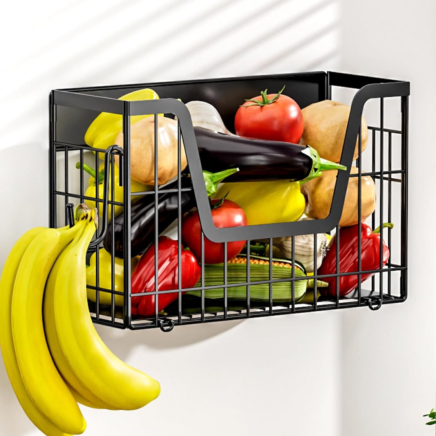 Magnetic Shelf for Fridge, Fruit Basket Magnet Shelves with 2 Hooks | Potato and Onion Storage Bins, Black Magnetic Organizer Side of Fridge Storage, Magnetic Spice Rack for Refrigerator Kitchen