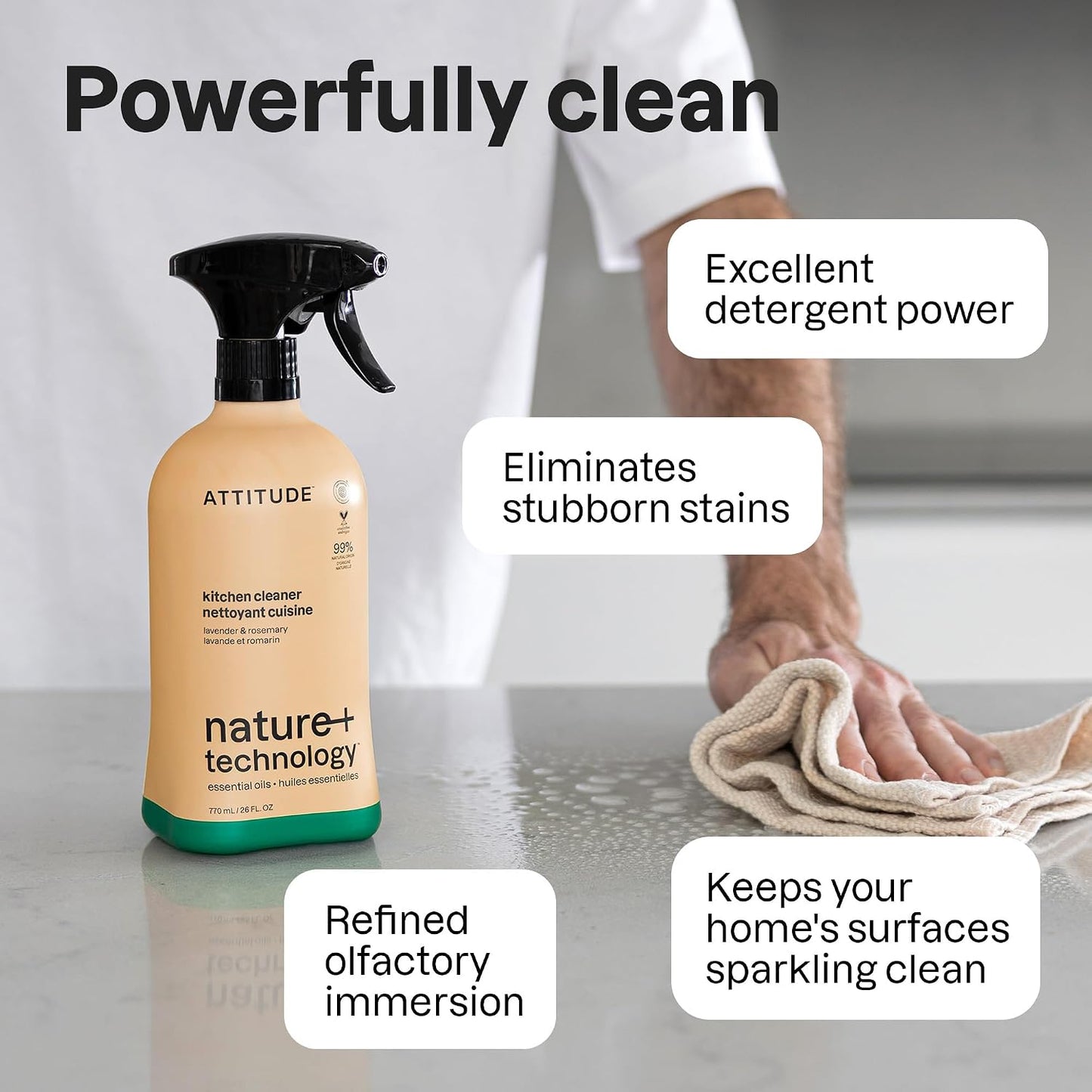 ATTITUDE Kitchen Cleaner Spray, EWG Verified, Degreaser Spray to Cut Grease & Grime, Plant-Based & Vegan, Lavender & Rosemary, 26 Fl Oz