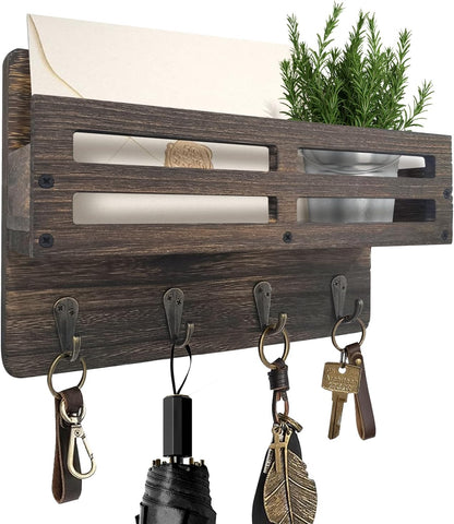 Key Holder Wall Mount, 10 inch Decorative Key and Mail Holder for Wall, with Mail Organizer & 4 Key Hooks, Rustic Wooden Key Rack for Hanging Dog Leash Sunglasses, Entryway Key Hanger, Black