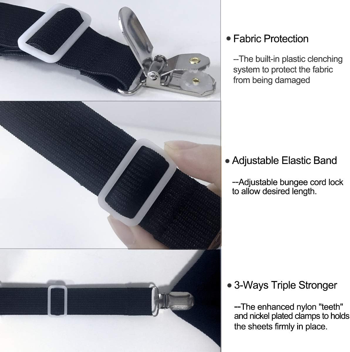 Bed Sheet Holders Straps Fasteners - 4 Pcs 3 Ways Sheet Fasteners Fitted Sheet Corner Grippers Holder Elastic Adjustable Sheet Clip Hooks Suspenders Straps(Black Triangle)