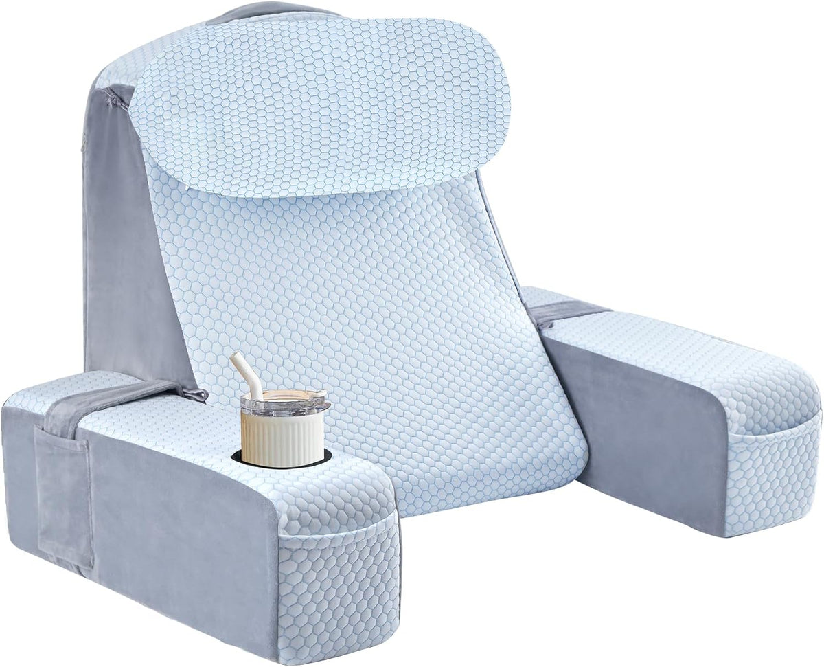 21 INCH Reading Pillow for Adults, Back Pillow for Bed Sitting Up, Backrest Pillow for Sitting in Bed, Detachable Arms with Built-in Cup & Phone Caddy (Gray, 21 INCH)