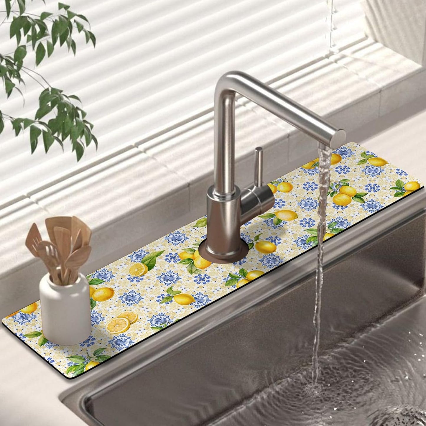 Kitchen Sink Splash Guard Faucet Mat 24" X 5.5" Tropical Leavesl Absorbent Fast Drying Mat Faucet Draining Mat Sink Splash Guard Behind Faucet Drip Catcher for Kitchen Bathroom