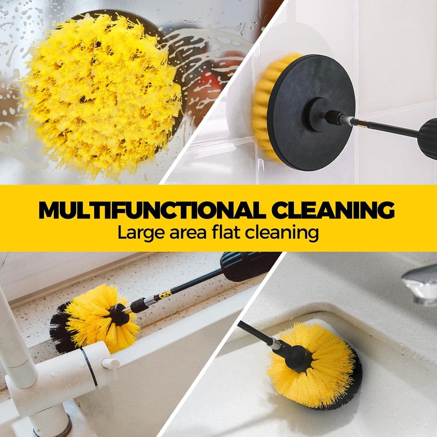 Holikme 8Piece Drill Brush Attachment Set - Power Scrubber Cleaning Kit | Nylon Fibers, Power Scrubber Attachments for Tile, Shower, Floors, Kitchen and Auto Interior Care, Cleaning Tools, Yellow