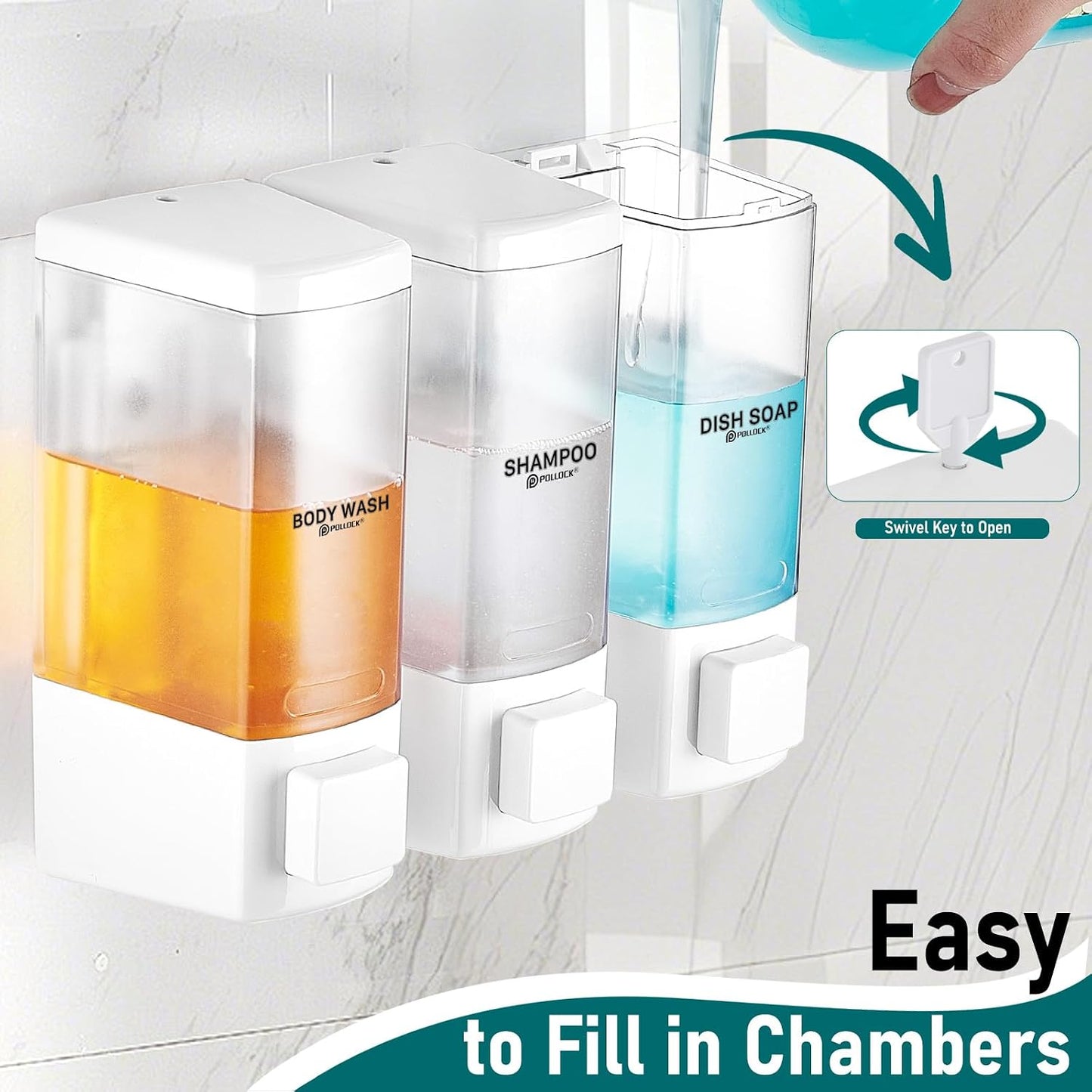 Pollock Shampoo and Conditioner Dispenser,Black 3 Chamber * 500ML | Shower Soap Dispenser Wall Mounted, Body Wash Dispenser No Drill,Refillable Shower Dispenser for Bathroom,Hotel,Public Place