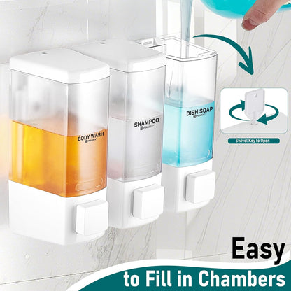 Pollock Shampoo and Conditioner Dispenser,Black 3 Chamber * 500ML | Shower Soap Dispenser Wall Mounted, Body Wash Dispenser No Drill,Refillable Shower Dispenser for Bathroom,Hotel,Public Place