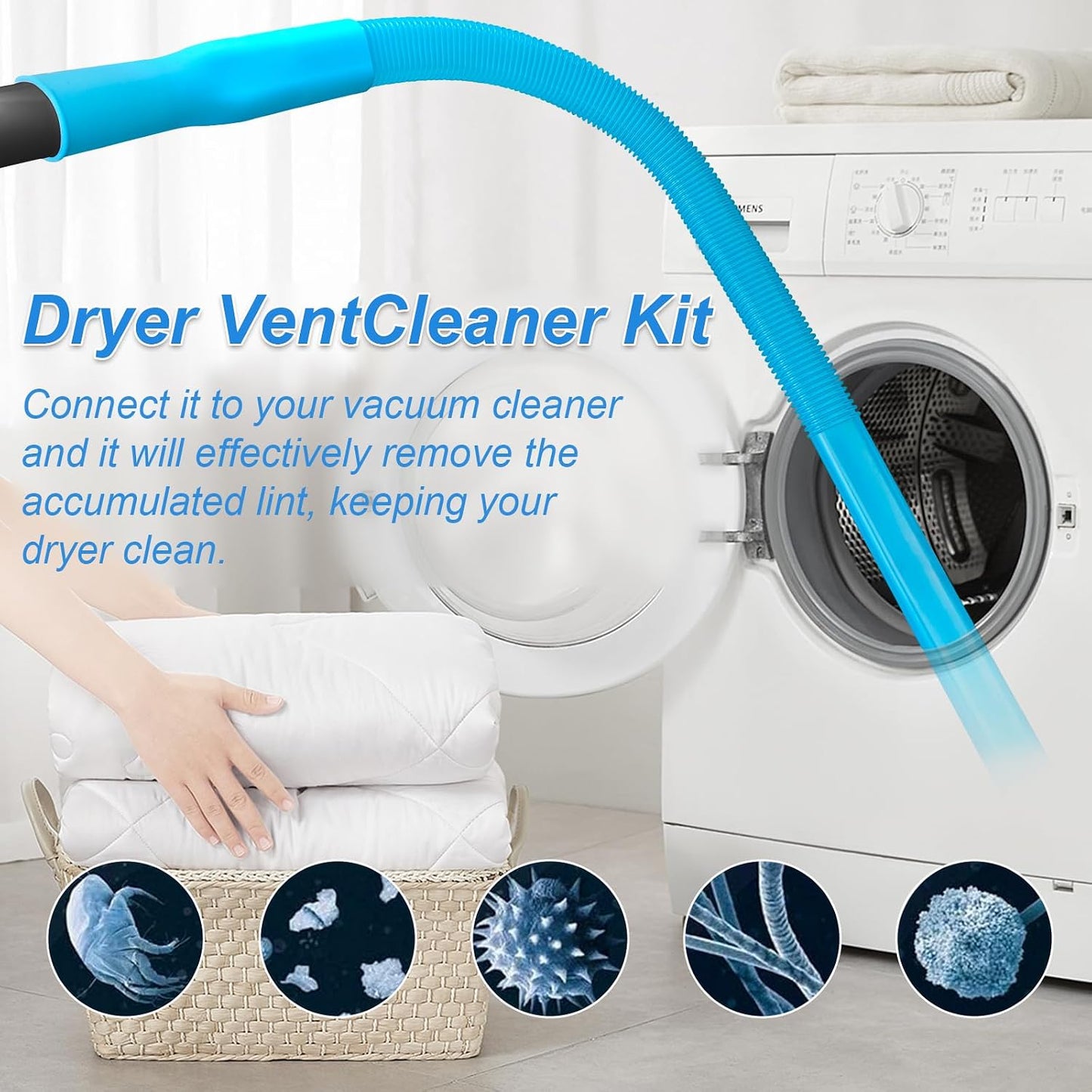 Upgraded Dryer Vent Cleaner Kit: Universal Vacuum Hose Attachment for Lint Removal Fits All Vacuums Cleaner Dryer Cleaning Tools for Clogged Ducts (Blue)