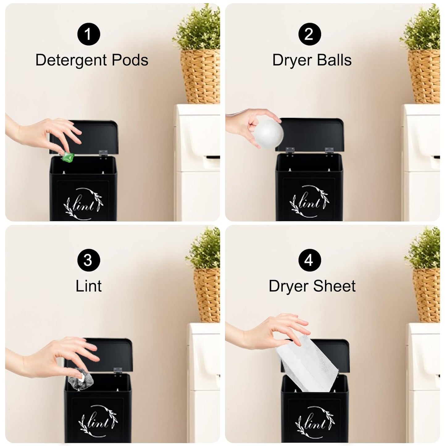 Magnetic Lint Bin for Laundry Room, Metal Lint Trash Can with Lid for Dryer, Wall Mounted Lint Holder Box with Lint Brush, Modern Farmhouse Laundry Room Decor, Cream