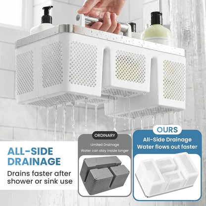 BYUNER Portable Cleaning & Shower Caddy with Handle: Rigid Plastic Basket with 4 Divided Compartments, All-Side Drainage for College Dorm, Bathroom & Utility Use, Black/Gold