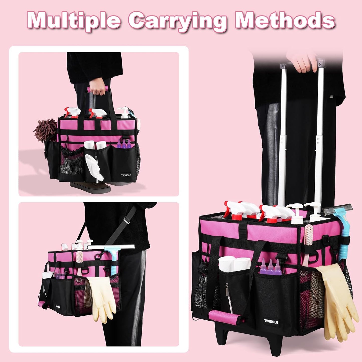 Extra Large Cleaning Caddy Bag with Built-In Support Board, Cleaning Tote Organizer with Removable Divider, Supply Carryall with Adjustable Shoulder Strap and Waist Belt for Cleaners & Housekeeper