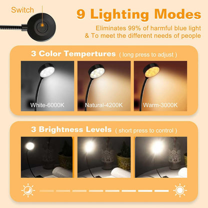 KTEBO 2 Pack Rechargeable Book Light Clip-On Reading Light for Books in Bed | 9 eye-friendly modes from 3 color temperatures and 3 brightness, USB-C up to 30 hrs - Black & Black