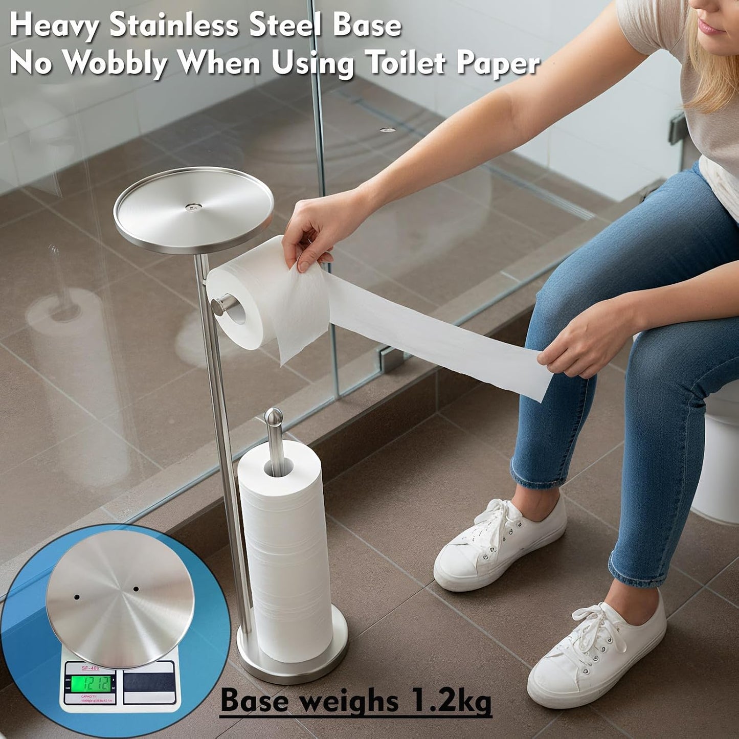 Gold Toilet Paper Holder with Shelf, Tissue Roll Holder Stand with Storage for Holding Extra 4 Toilet Paper Rolls, Stainless Steel Rustproof Freestanding (Brushed Gold)