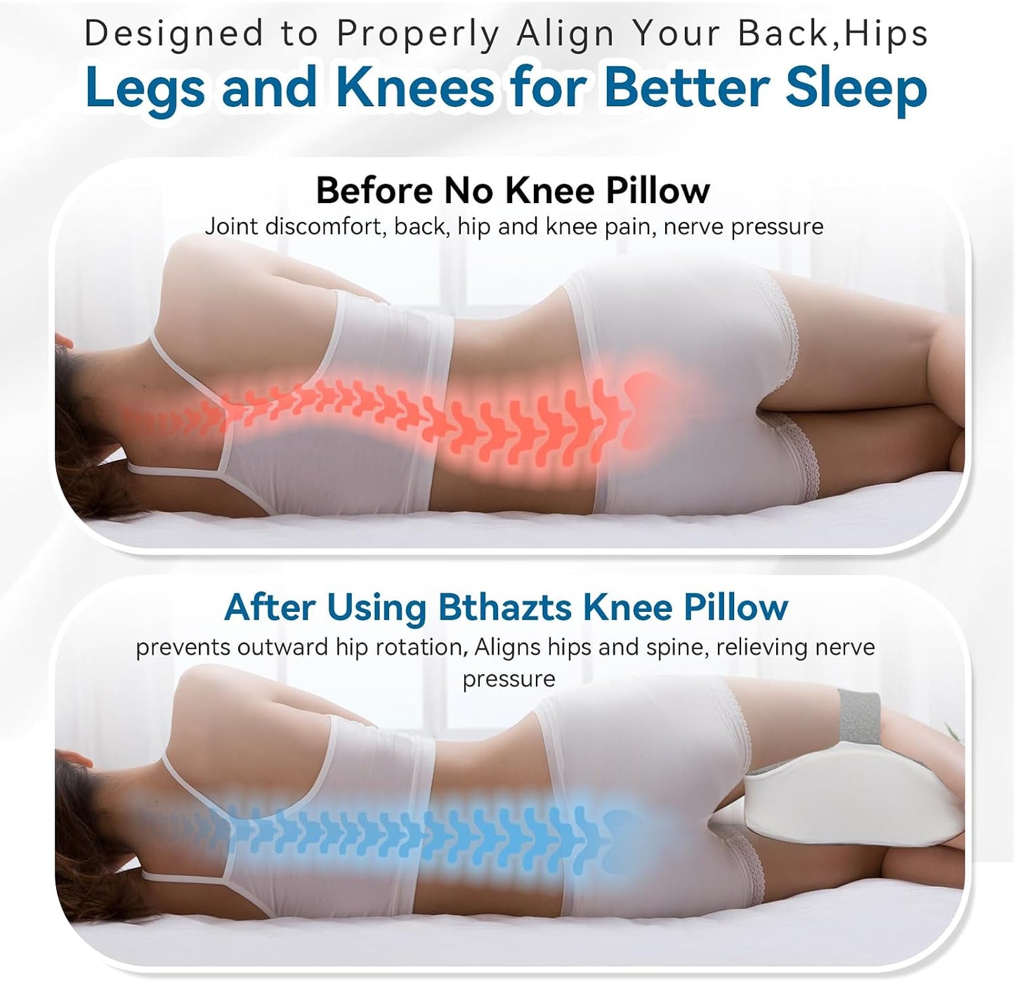 Long Knee Pillow for Side Sleepers Between Legs, Memory Foam Leg Pillow for Side Sleeping with Strap, Sciatica Pain Relief Pillow for Hip Pain, Spine Aligning, Back Pain, Pregnancy-Under