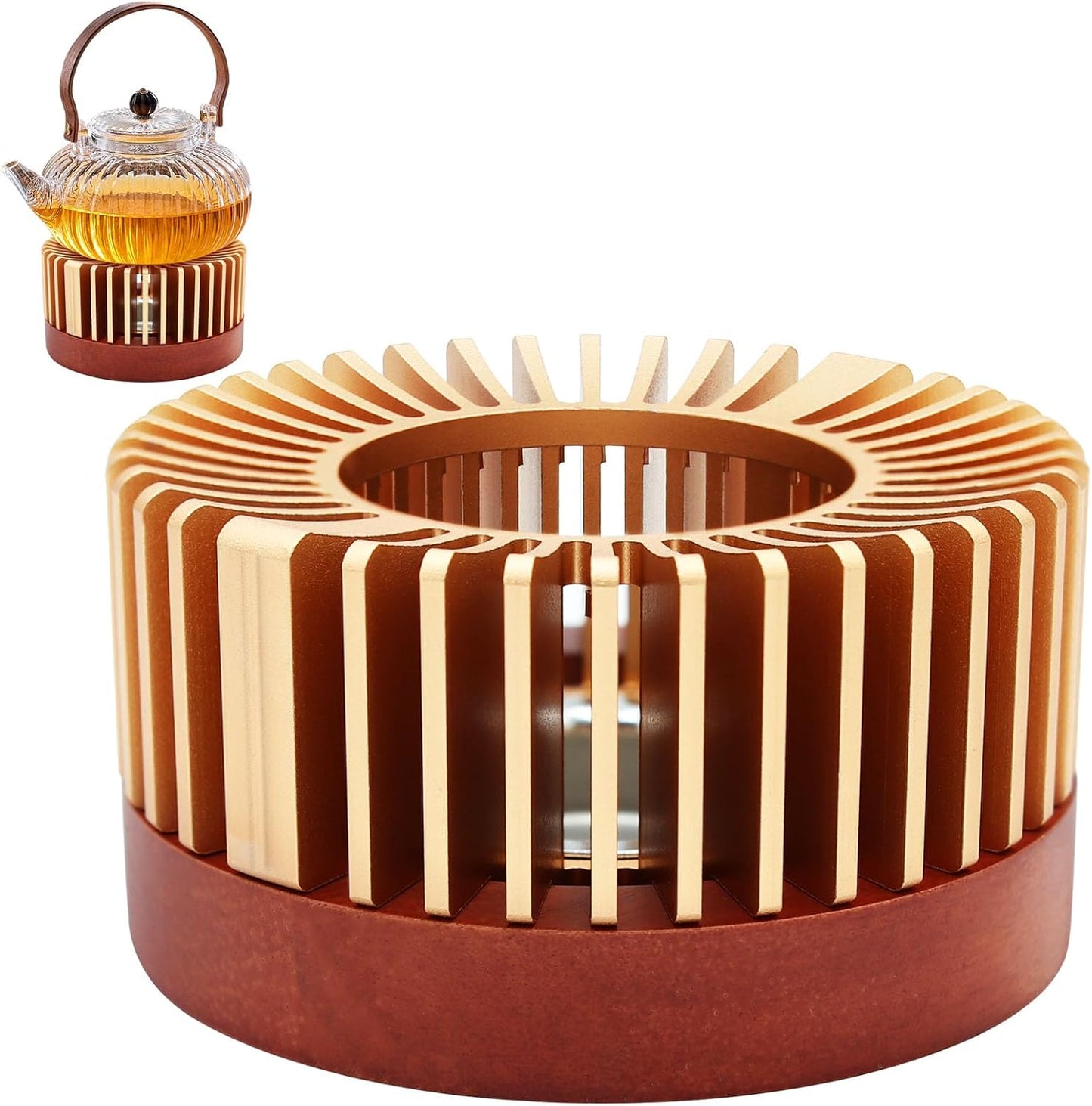 Inmorven Teapot Warmer, Aluminum Tea Warmer with Wooden Base, Candle Heater for Heating Tea, Coffee, Milk, Food,Camping and Traveling, Suitable for All Teapots-S