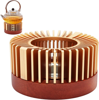 Inmorven Teapot Warmer, Aluminum Tea Warmer with Wooden Base, Candle Heater for Heating Tea, Coffee, Milk, Food,Camping and Traveling, Suitable for All Teapots-S