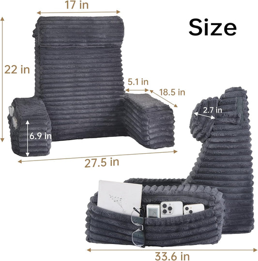 ENITYA 22" XL Back Pillow for Bed Sitting Up with Armrests & Big Pockets