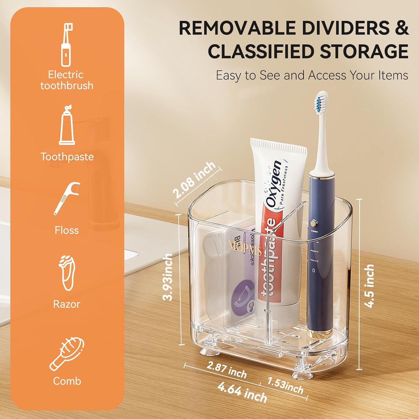 MOPMS Toothbrush Holders with Drainage for Bathrooms Countertop Organizer | 2 Slots Electric Toothbrush Holder Wall-Mount with Divider for Easy Clean, Tooth Brush and Toothpaste Holder for Bathroom