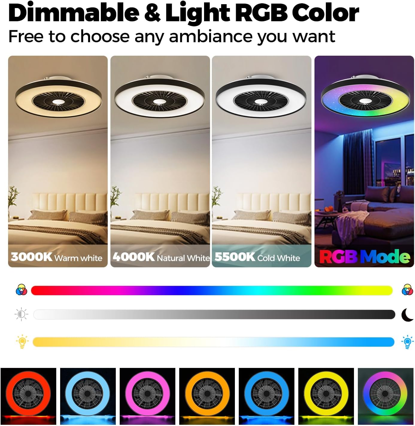 18.9" RGB Flush Mount Ceiling Fan with Light, 6 Speeds 3 Colors | Indoor Ceiling Fan · RGB+3CCT Dimmable · App/Remote Control · Quiet DC · 6-Speed Reversible · Flush Mount 18.9" · Kids Room
