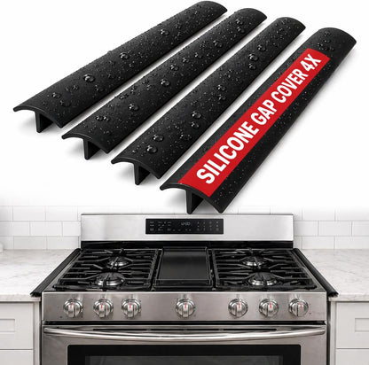 Premium 4Pack Silicone Stove Gap Cover 21” Black Oven Counter Filler Crack Guard Flexible Cooker Side Strip Crumb Catcher helps prevent food from falling between Refrigerator Desk and Wall