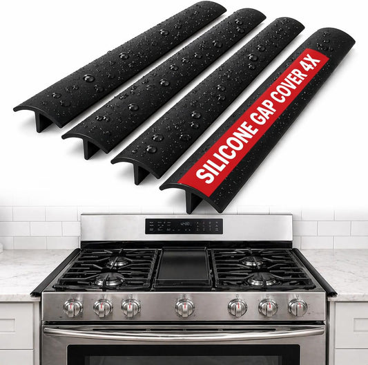 Premium 4Pack Silicone Stove Gap Cover 21” Black Oven Counter Filler Crack Guard Flexible Cooker Side Strip Crumb Catcher helps prevent food from falling between Refrigerator Desk and Wall