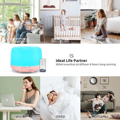 300ML Remote Control Air Diffusers for Essential Oil, Aroma Ultrasonic Scent Diffuser, Aromatherapy Humidfier Diffuser, 7 Color Changing LED Light, Auto-Off, Timer for Home, Room, Office, Kids