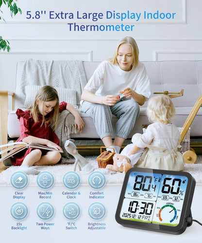 5.8'' Digital Indoor Thermometer Hygrometer, Temp Humidity Monitor & Clock | USB-C & Battery Powered, Large Backlit Display, Calibratable Readings, Max & Min Records, Comfort Level, Date & Time Display