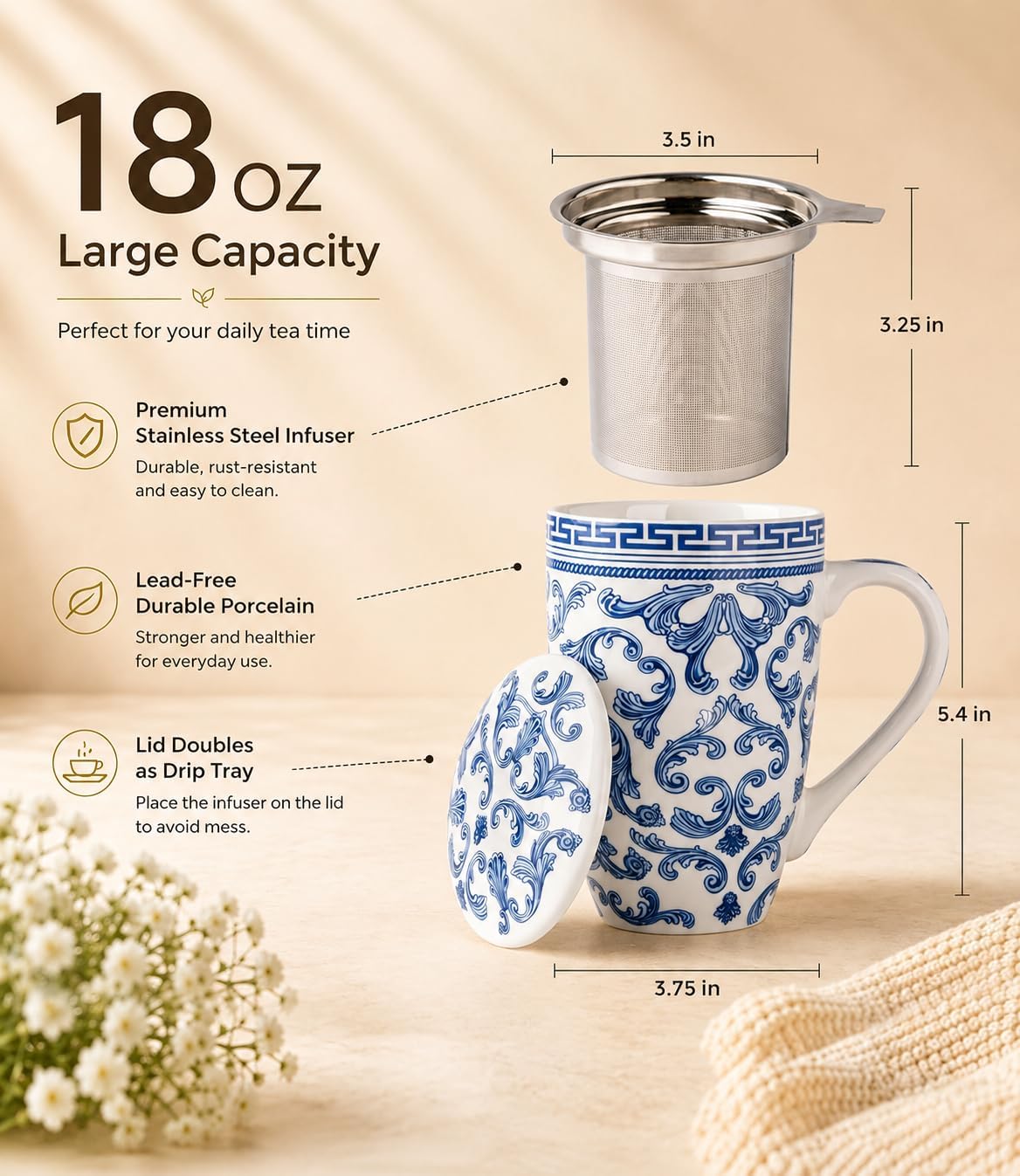 AmorArc Tea Cup With Infuser and Lid, 18oz Loose Leaf Tea Mug With Steeper | Porcelain Tea Mug With Infuser and Lid, Strainer Tea Cup for Tea Lovers, Home & Office, Housewarming Birthday Gift
