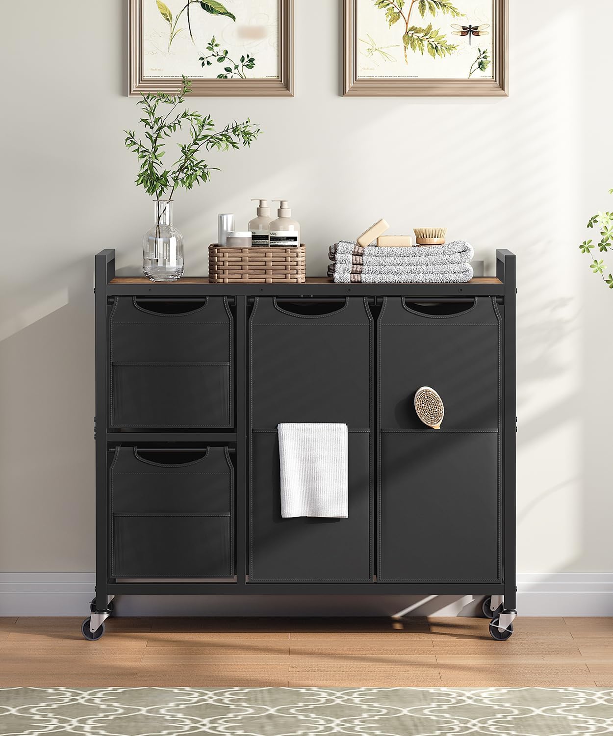 HOOBRO Laundry Sorter with 4 Section, 39 Gal. (147 L) Laundry Hamper with Wheels, Rolling Laundry Basket with Shelf, Pull-Out Detachable Bags, Side Pockets, Rustic Brown, Black and Beige BFE14XY01N1