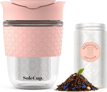 Large Travel Mug Loose Tea Infuser - Detachable Tea Strainer with Spill Proof Lid - 18oz/530ml BPA-Free Reusable Glass Travel Coffee Cup with Silicone Band (Ice Cream, 18oz)