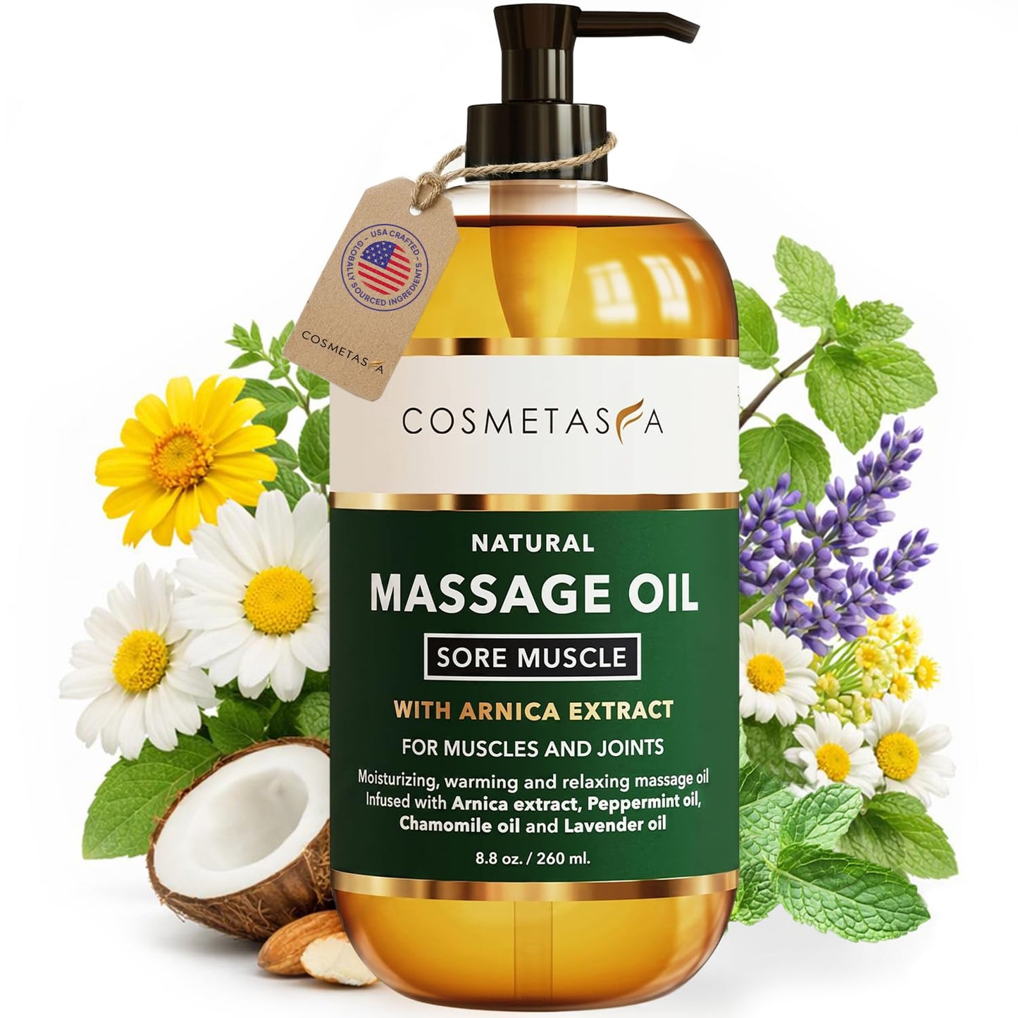 Cosmetasa Massage Oil for Sore Muscle Massage Therapy with Roller - All Natural, Cruelty-Free Massage Oils for Muscle Relaxing & Joint Comfort - Arnica Extract with Lavender & Chamomile Oil (8.8 oz)