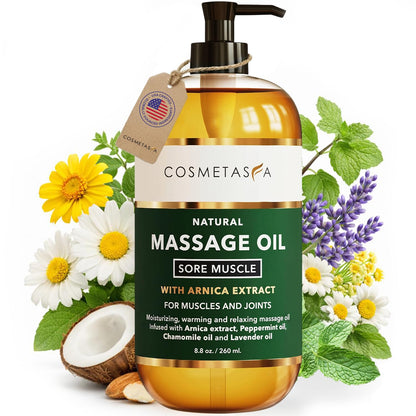 Cosmetasa Massage Oil for Sore Muscle Massage Therapy with Roller - All Natural, Cruelty-Free Massage Oils for Muscle Relaxing & Joint Comfort - Arnica Extract with Lavender & Chamomile Oil (8.8 oz)