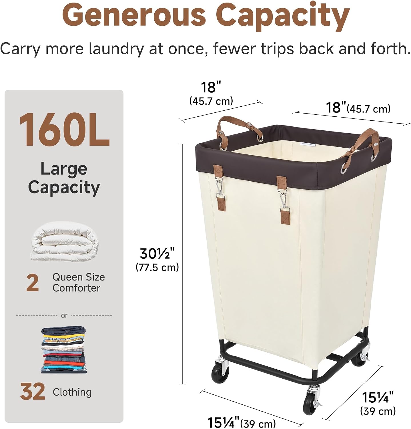 StorageWorks 160L Laundry Basket with Wheels, Rolling Hampers for Clothing | Beige Laundry Basket with Wheels, Metal Frame & Handles, Rolling Hamper for Bedroom, Bathroom, Dorm, Hotel