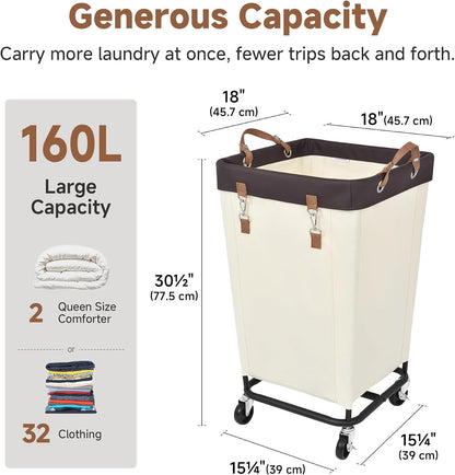 StorageWorks 160L Laundry Basket with Wheels, Rolling Hampers for Clothing | Beige Laundry Basket with Wheels, Metal Frame & Handles, Rolling Hamper for Bedroom, Bathroom, Dorm, Hotel