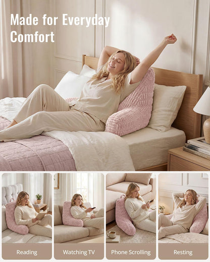 Blissful Diary Reading Pillow, Backrest Pillow with Shredded Memory Foam for Adult & Children, Designed for Bed and Couch Sitting Up, Includes Arms, Pockets and Washable Cover, Off White