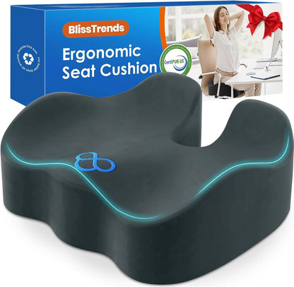 BlissTrends Memory Foam Seat Cushion for Office Chair & Car Seat, Black | 4.7in Ergonomic Tailbone & Sciatica Support with Removable Velvet Cover for Pressure Relief and Long Sitting Comfort