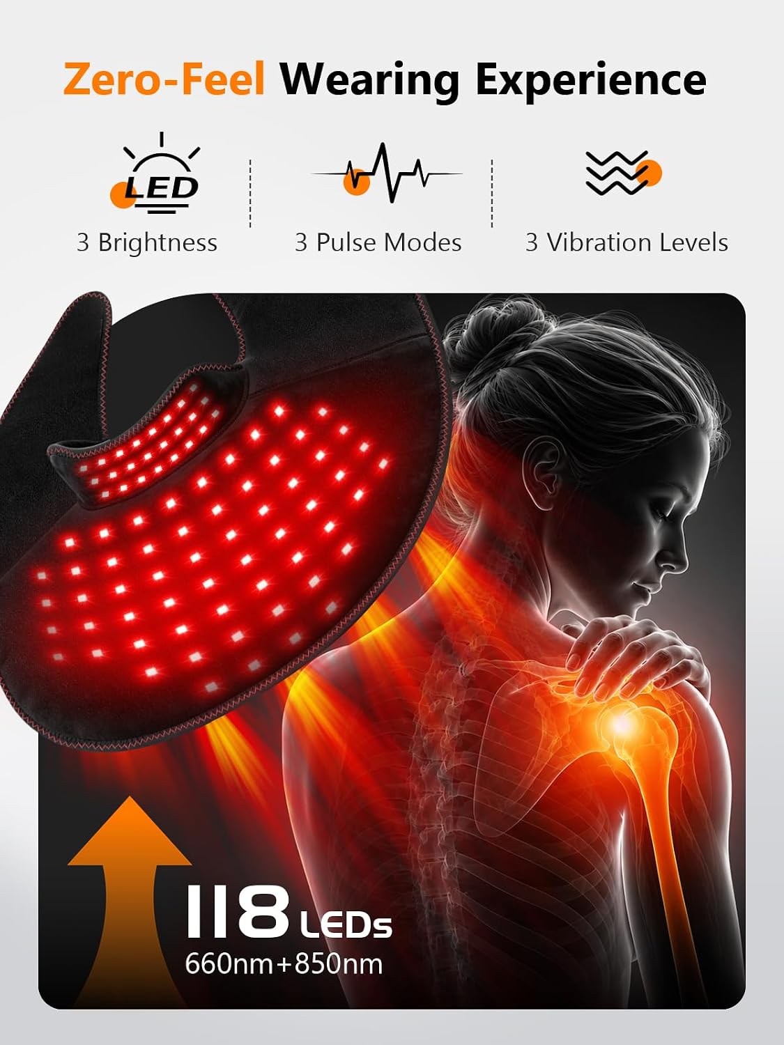 Red Light Therapy for Neck Shoulder 118 LEDs with Heat & Vibration | Infrared Light Pad with 354 Beads 660nm & 850nm, 5000mAh Cord-Free Controller, for Upper Back, Shoulder, Neck, Black