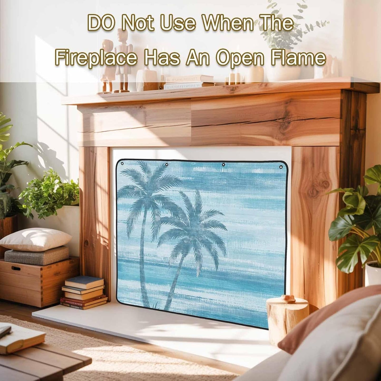 Magnetic Fireplace Cover Beige Summer Palm Tree Fireplace Screen Decorative Tropical Leaves Plant Insulation Fireplace Blocker Save Energy Fireplace Draft Stopper Covers for Living Room 45x34 Inch
