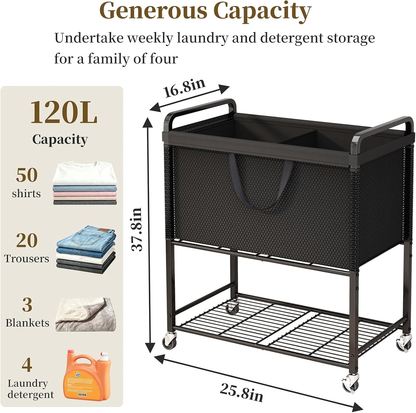 Laundry Hamper Rolling Sorter: 120L Large Basket with Wheels Removable Bag | Solve laundry clutter – rolling sorter with washable bag – Ideal for home, dorm & bedroom organization
