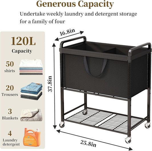 Laundry Hamper Rolling Sorter: 120L Large Basket with Wheels Removable Bag | Solve laundry clutter – rolling sorter with washable bag – Ideal for home, dorm & bedroom organization
