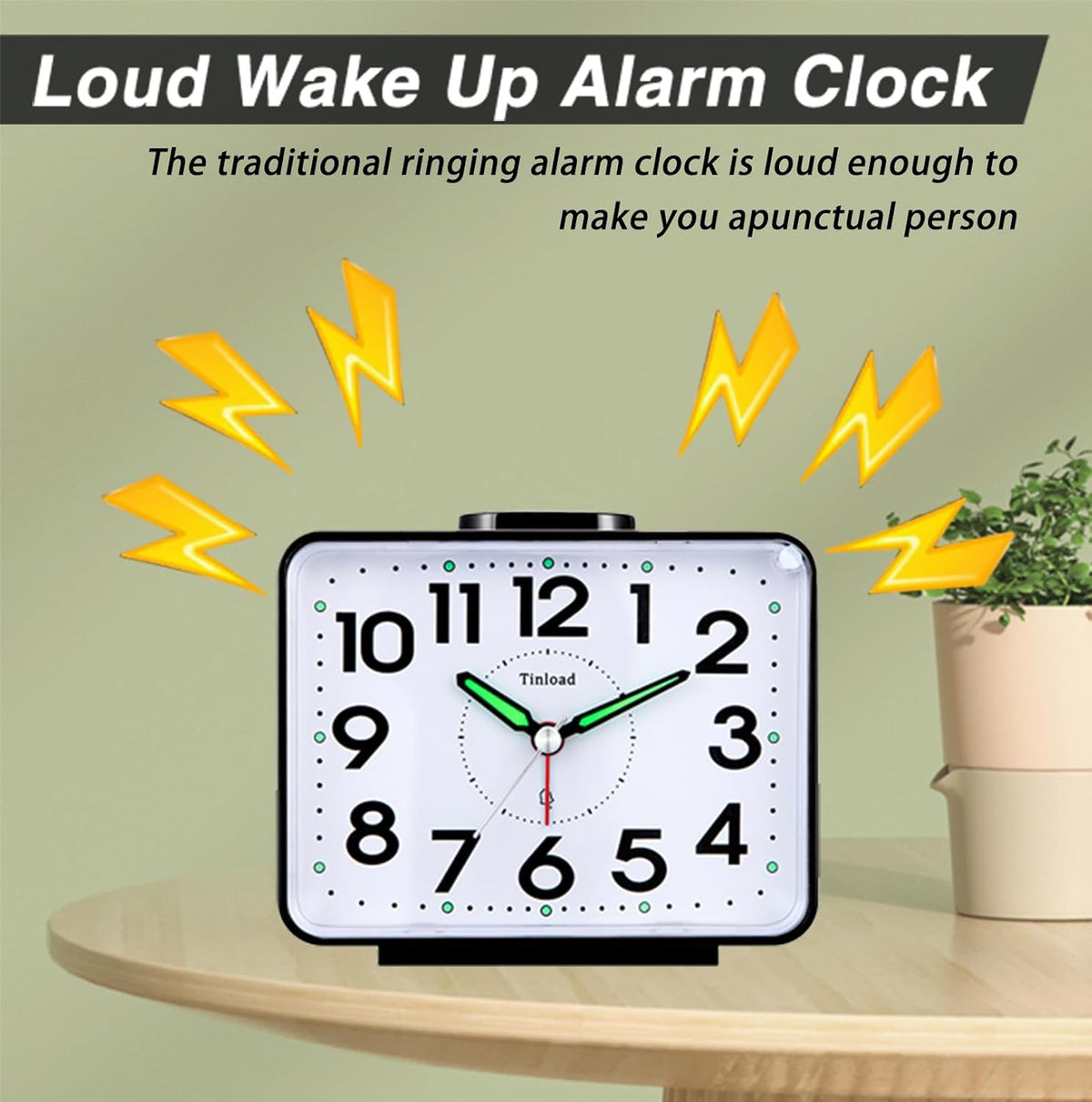 Tinload 4.2" Loud Bell Alarm Clock for Heavy Sleepers Adults, Silent No Ticking, Snooze, Lighted on Demand, Battery Operated Alarm Clocks for Bedrooms (Black)