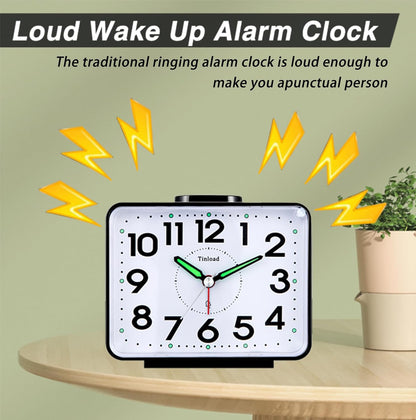Tinload 4.2" Loud Bell Alarm Clock for Heavy Sleepers Adults, Silent No Ticking, Snooze, Lighted on Demand, Battery Operated Alarm Clocks for Bedrooms (Black)