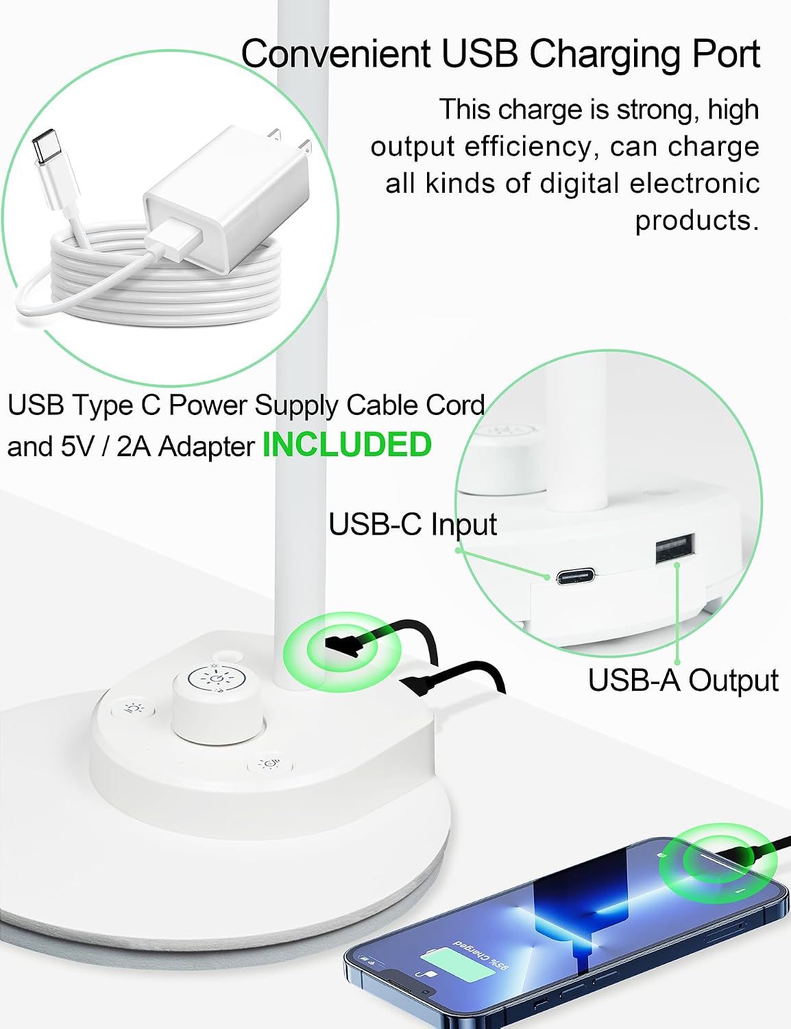 BOHON LED Desk Lamp with USB Charging Port 3 Color Modes Dimmable, Black | Reading Light Intelligent Induction Auto Dimming Task Lamp Neck Flexible Table Lamp for Bedside Office, AC Adapter Include