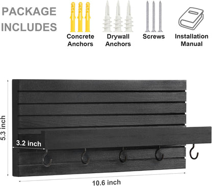 Lwenki Decorative Key Holder for Wall with Shelf, Entryway Shelf with Hooks Holds Leashes, Jackets and Glasses – Sturdy Wood Keyholder Entrance Hanger with Mounting Hardware (Black, Medium)