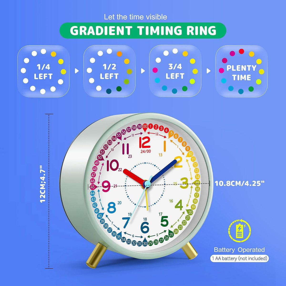 Kids Alarm Clock, Silent Non-Ticking, Analog Learning Clock for School Beginners, Stylish Round Metal Clock, Easy to Read, Battery Operated, Loud Ringing Back to School Gifts