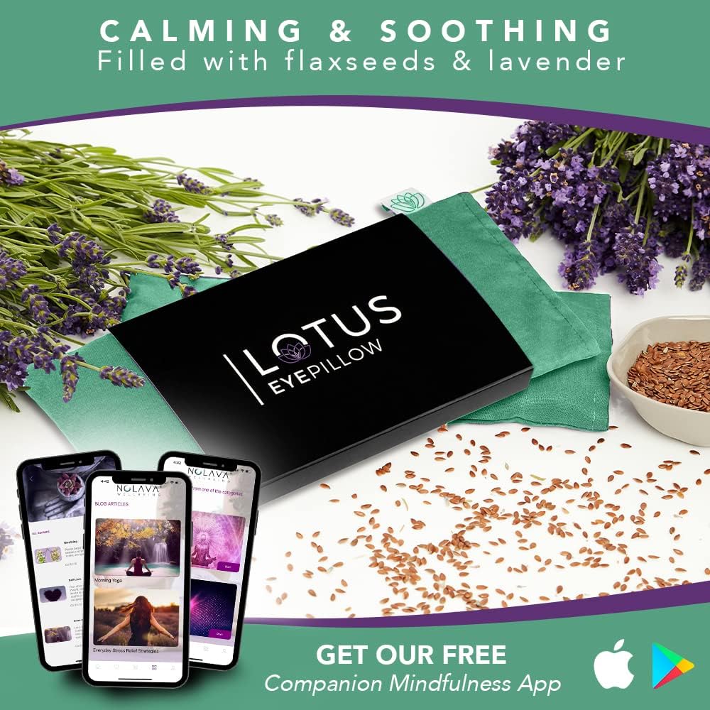 Lotus Lavender Eye Pillow - Weighted Mask for Yoga & Sleep | NOLAVA Sleep & Wellbeing App included; warm or cool headache relief; organic cotton, lavender-flaxseed fill.
